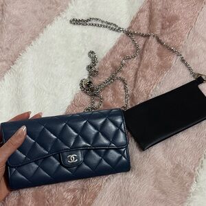 CHANEL Matelasse Wallet Lamb Skin Navy Silver CC